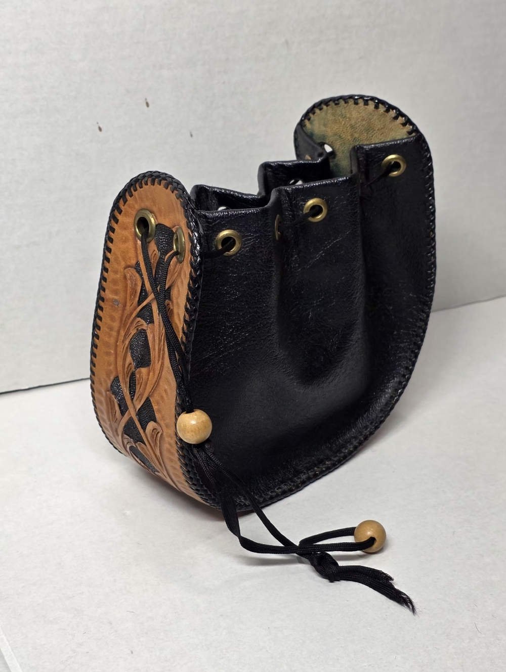 Vintage? Stirrup Purse - Bag Leather Tooled 7 Inches Tall 7 Wide 3 Deep